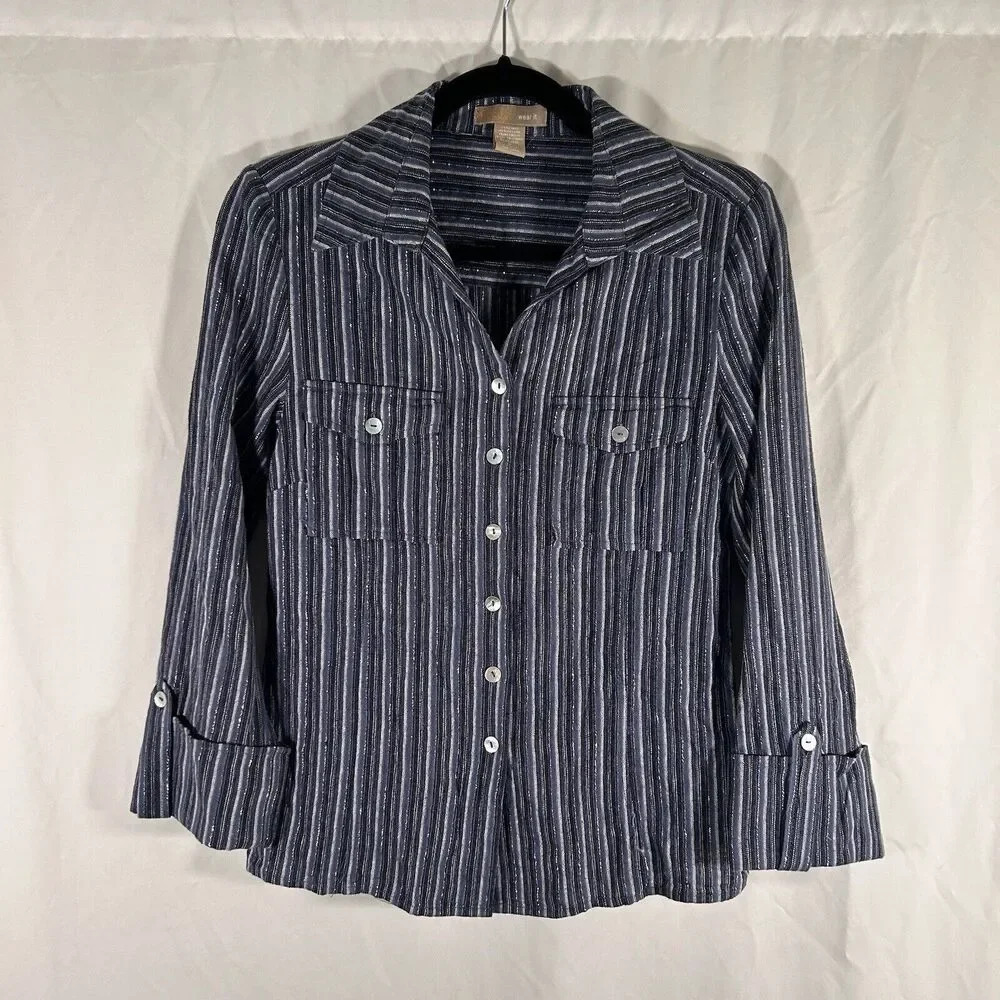 Wear It Linen Blend Shirt Womens 0 Blue Silver Metallic Button Up Long Sleeve